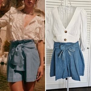 NWT Sezane Tyson Denim Blue Tie-Waist Pleated Shorts Size 44 US 12